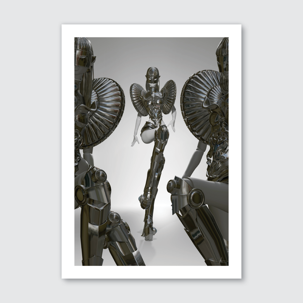A digital artwork of a female figure in a futuristic suit of armor with heart and pearl motifs against a black background.