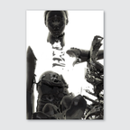 A black and white image of a abstract portrait with elements of human figures and futuristic textures.