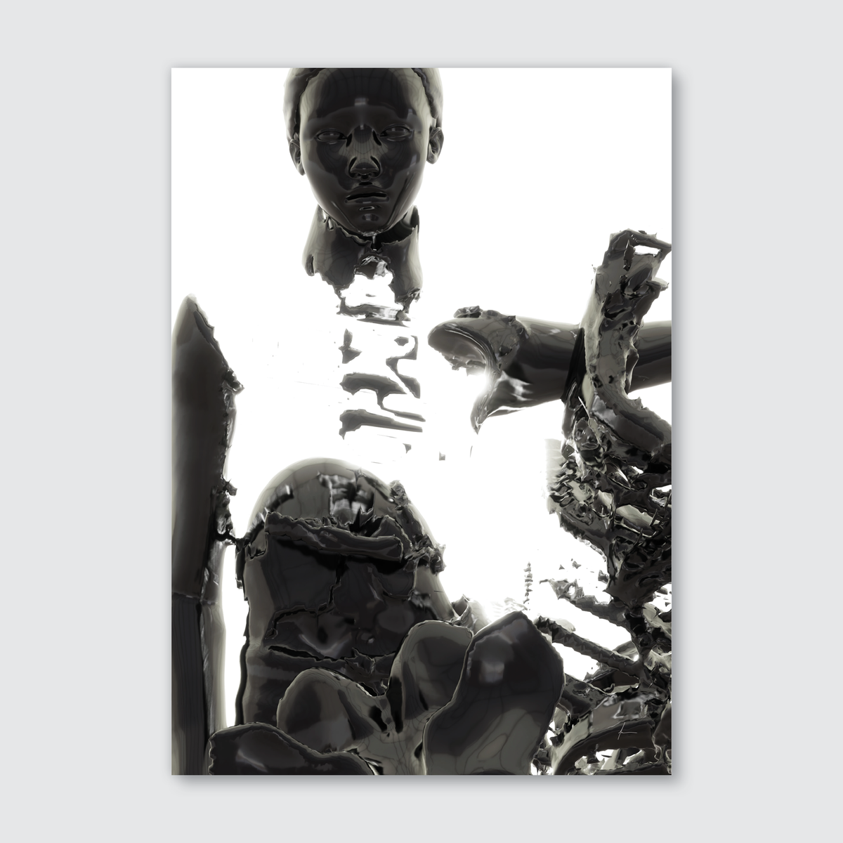 A black and white image of a abstract portrait with elements of human figures and futuristic textures.