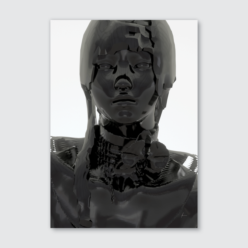 A black and white image of a sculpture with a female head and abstract, geometric patterns in the background.