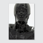 A black and white image of a sculpture with a female head and abstract, geometric patterns in the background.