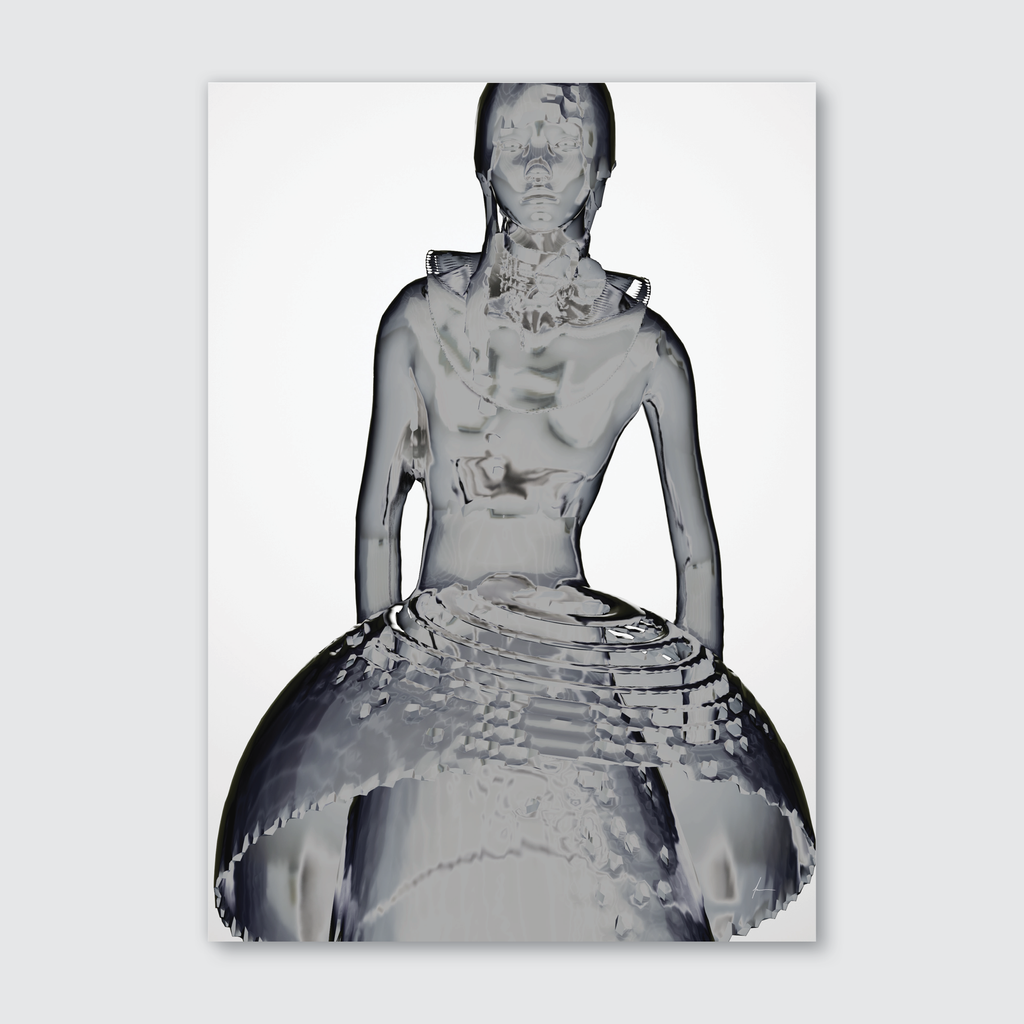 A black and white image of a sculpture or installation art piece, depicting a seated figure with a smooth, matte finish.