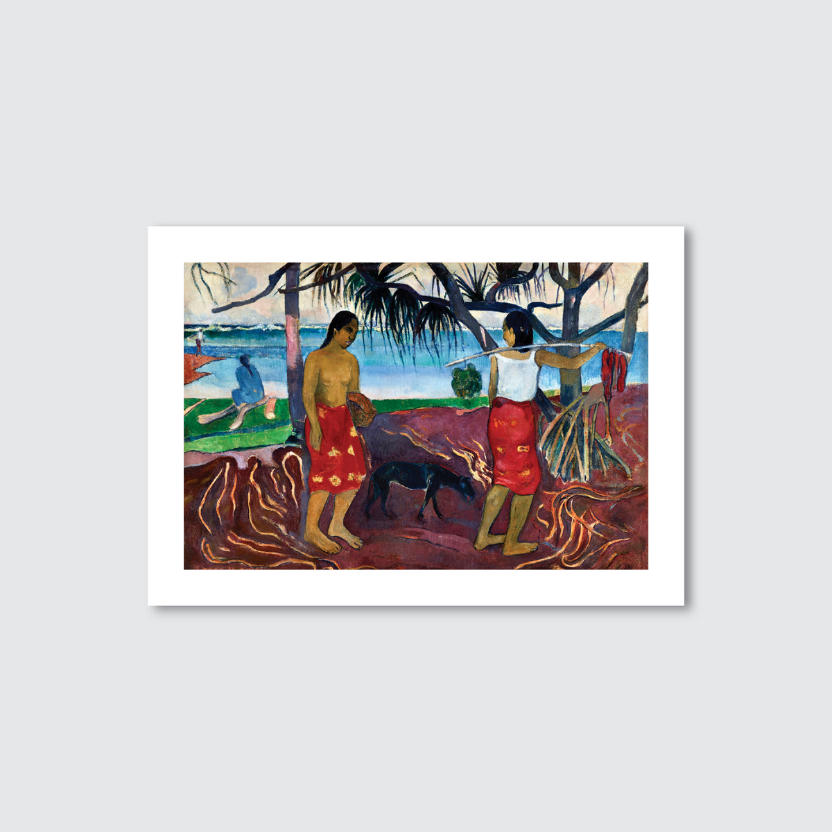 A vibrant art print featuring two Tahitian women standing under pandanus trees with a lush landscape in the background, capturing the essence of Paul Gauguin's work 'Raro Te Oviri'.

