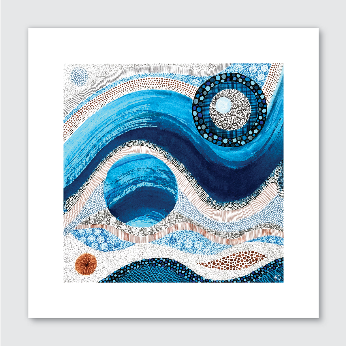 An abstract artwork featuring blue tones with white and darker patterns, with a circular element that resembles a face in the center. The artwork has a smooth, matte finish.