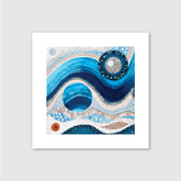 An abstract artwork featuring blue tones with white and darker patterns, with a circular element that resembles a face in the center. The artwork has a smooth, matte finish.
