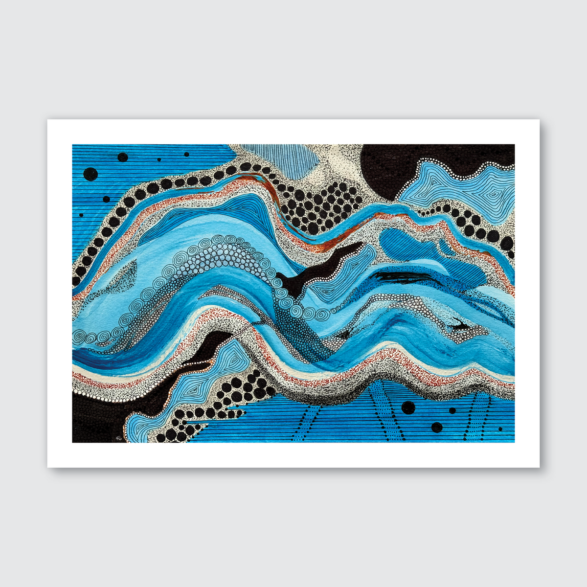 An abstract artwork print featuring dynamic wave-like patterns with blue, black, white, and red lines and dots on a white background.