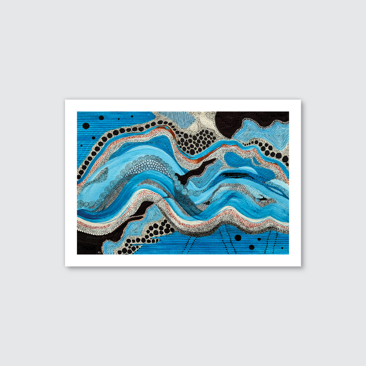 An abstract artwork print featuring dynamic wave-like patterns with blue, black, white, and red lines and dots on a white background.