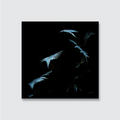 Abstract artwork with blue feather-like shapes on a black background