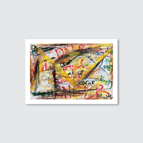 Abstract artwork with colorful text on a white background