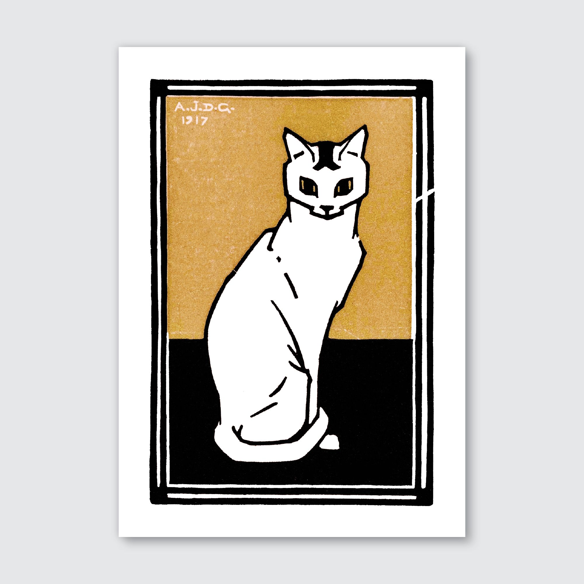 A woodcut print of a white cat with closed eyes sitting against a gold and black background, titled 'Sitting Cat (1917)' by Julie de Graag.