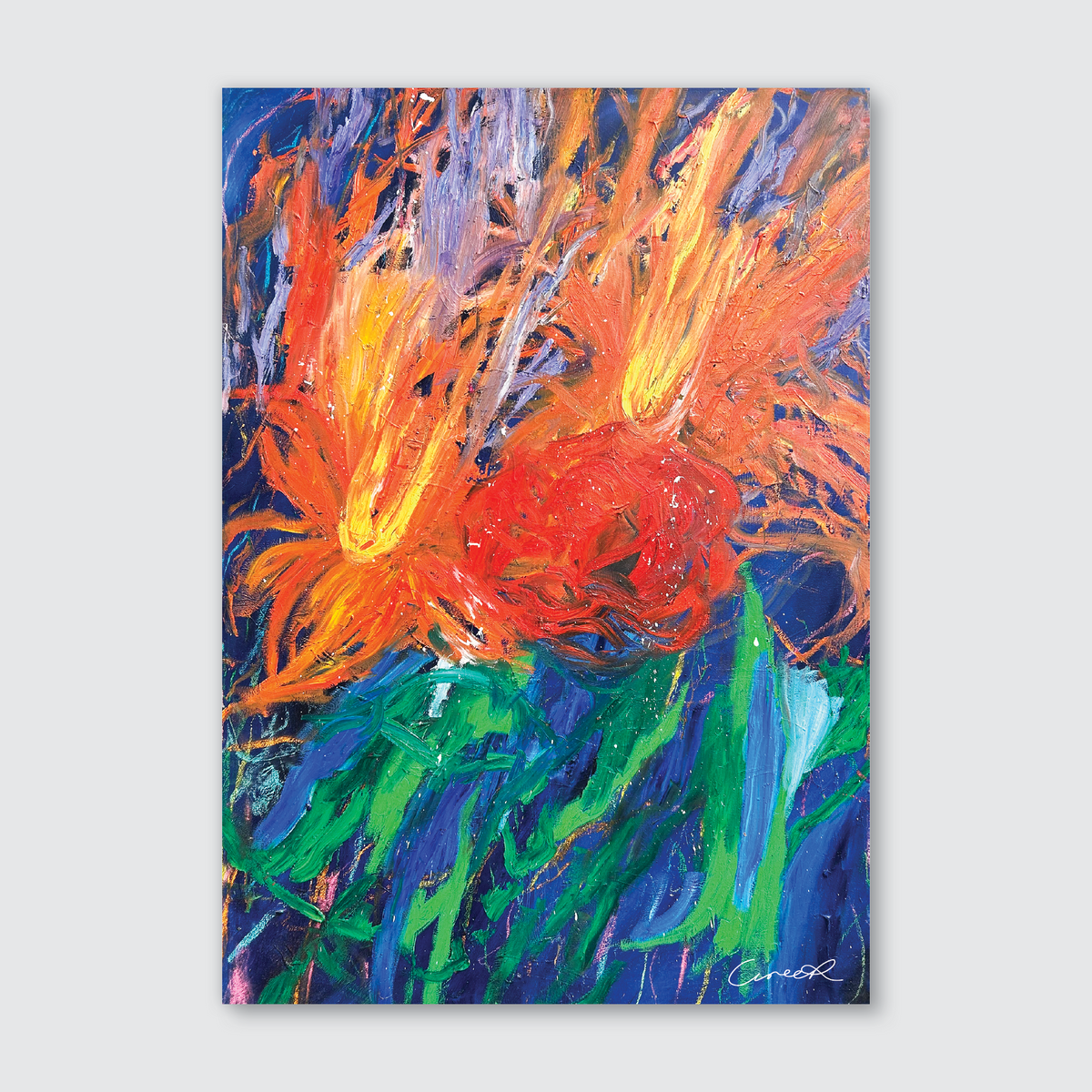 A vibrant, abstract art print featuring splashes of red and orange against a blue background, with artistic strokes and colorful details.
