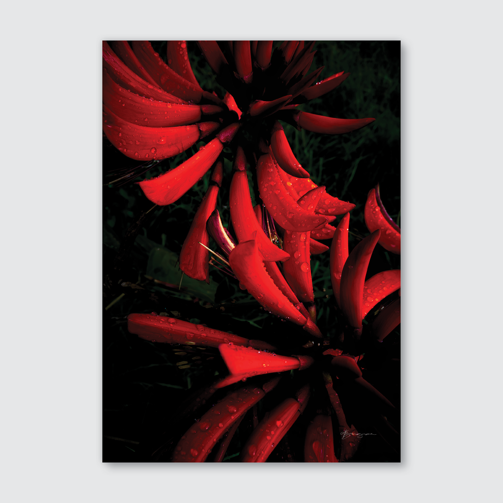 Abstract close-up of red floral patterns with a glossy, smooth finish.