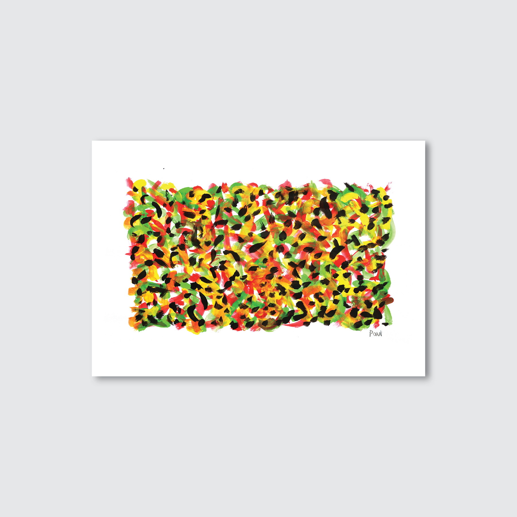 An abstract multicoloured artwork made up of various geometric shapes on a white background, signed with the artist's name 'Paul' at the bottom right.