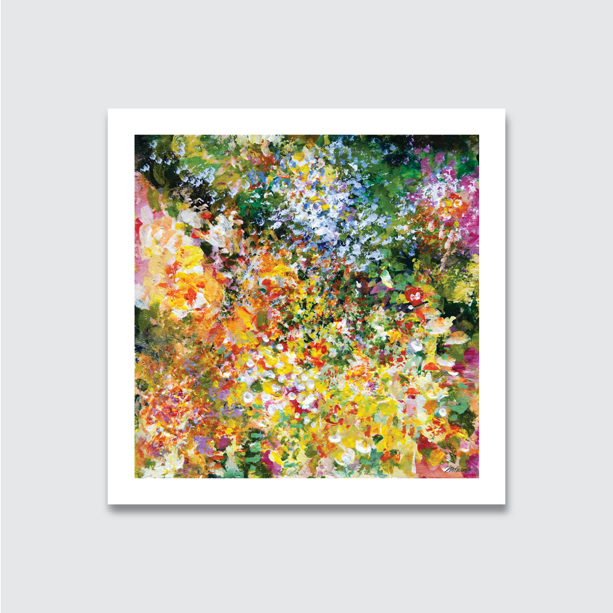 Hand-painted acrylic artwork on wooden board with a colorful floral pattern depicting a burst of petals, giving a nod to impressionism.