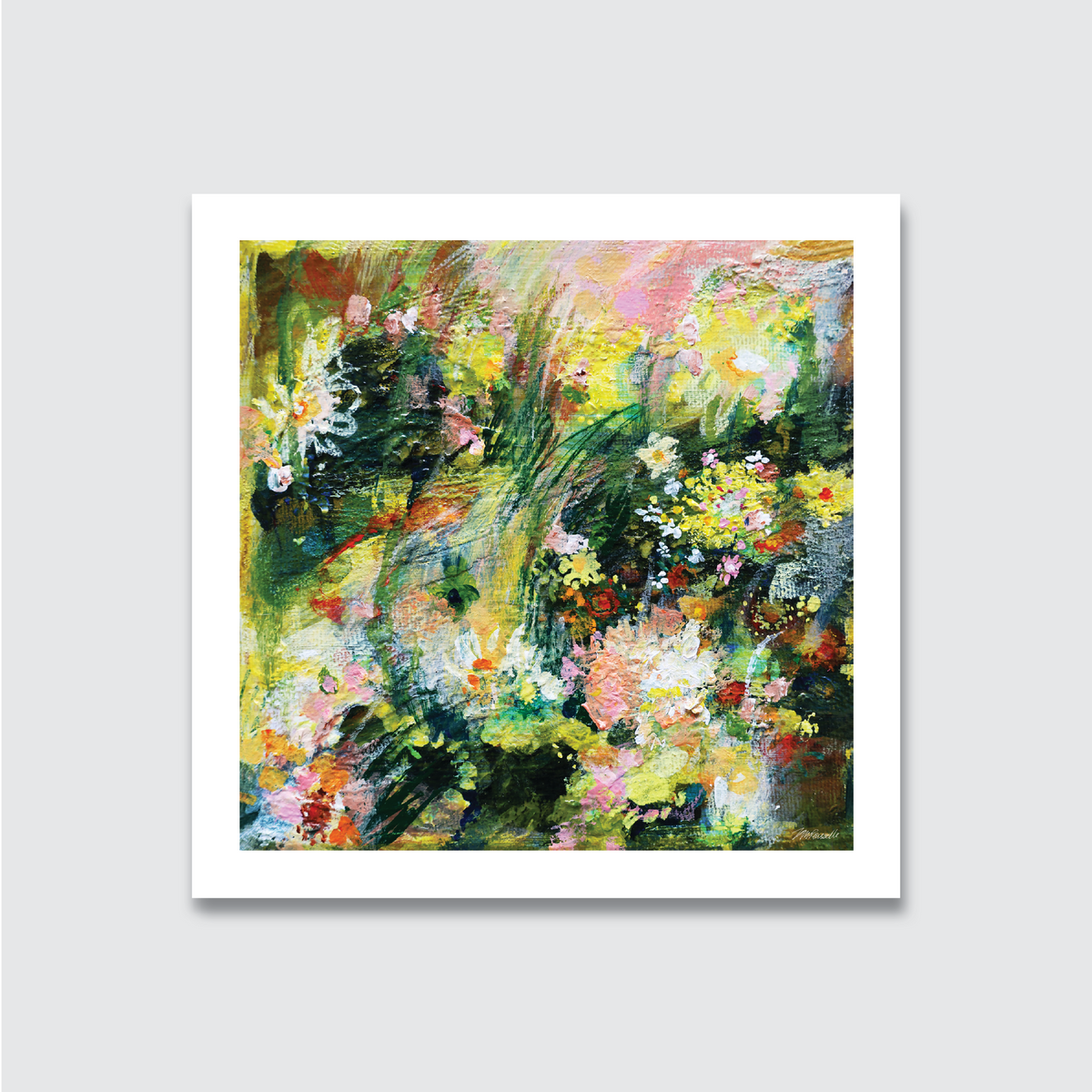Hand-painted acrylic artwork on canvas with a vibrant floral motif against a dark green background, framed in oak.