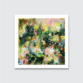Hand-painted acrylic artwork on canvas with a vibrant floral motif against a dark green background, framed in oak.