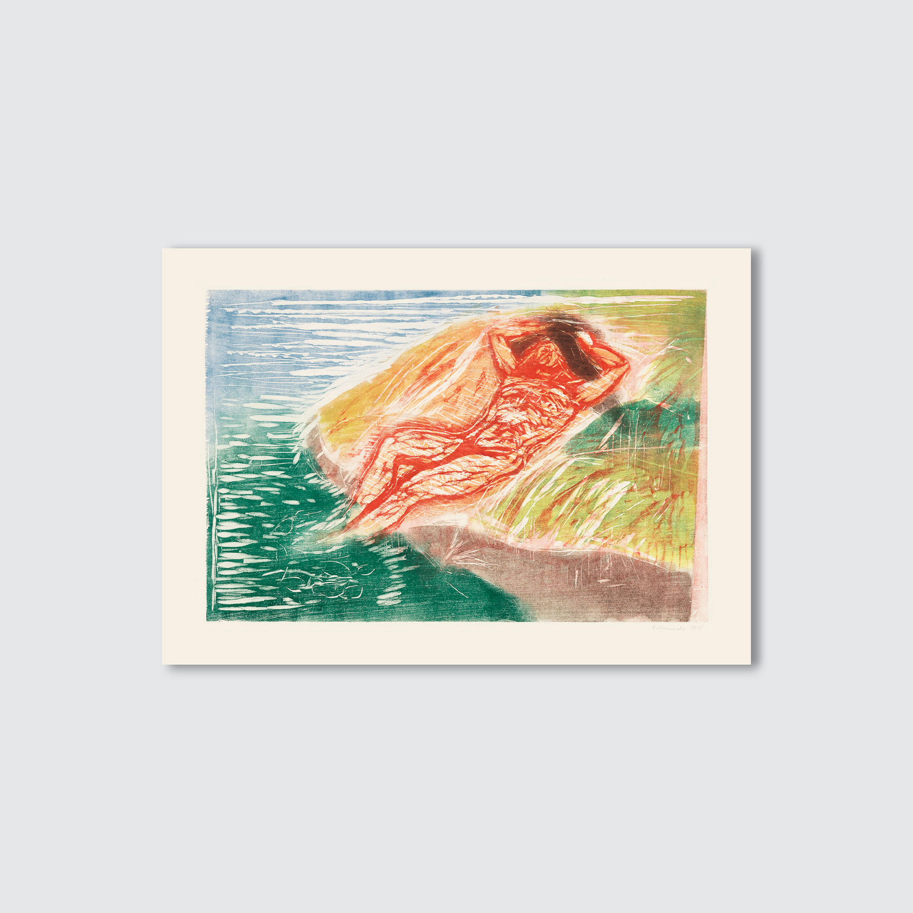 Framed artwork of a person lying on a beach with a blue sky and green water.