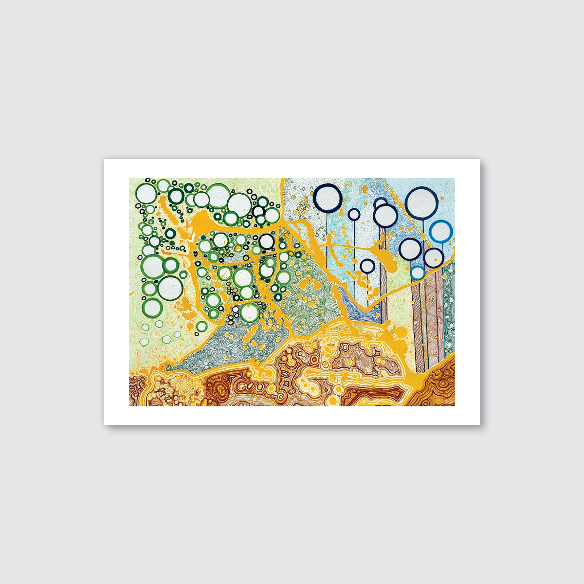 An abstract artwork featuring a variety of colours with bubble-like shapes and intricate patterns, predominantly in yellow and green tones.