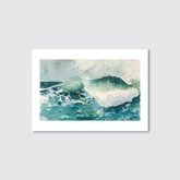 A watercolour art print of a cresting wave with white foam and turquoise colours, capturing the energy and movement of ocean surf.