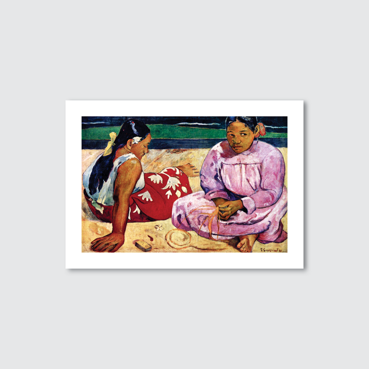 A print of 'Tahitian Women on the Beach' by Paul Gauguin, showing two individuals on a beach with the ocean and tropical foliage in the background.