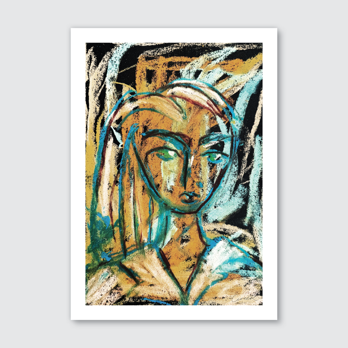 Hand-drawn pastel artwork on black paper featuring a stylized female figure with plants, predominantly in cool colors with a black background.