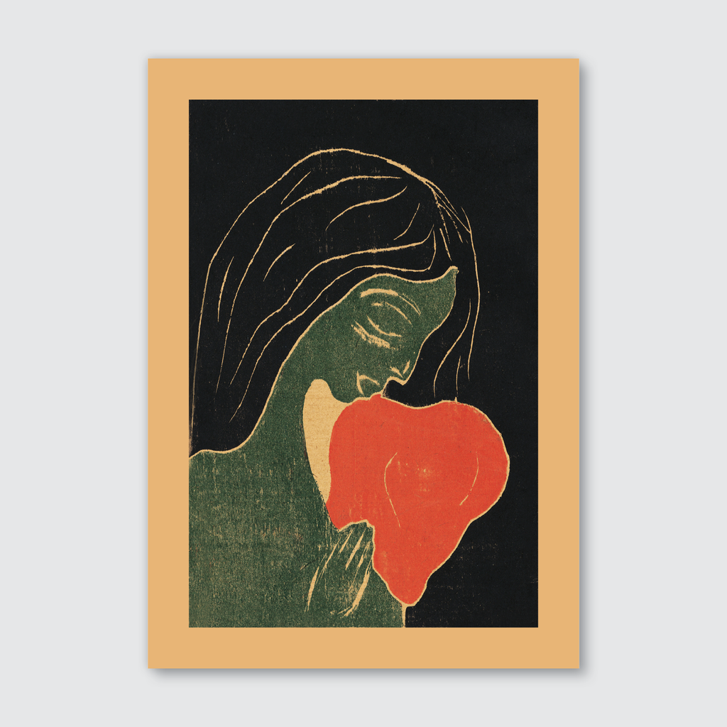 Art print of Edvard Munch's 'The Heart' featuring two figures in an intimate embrace with a vivid red heart, rendered in woodcut style with bold contrast and textured background.