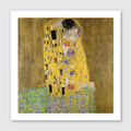 A print of 'The Kiss' by Gustav Klimt, featuring two figures embracing, with intricate, mosaic-like patterns on their robes, set against a golden background.