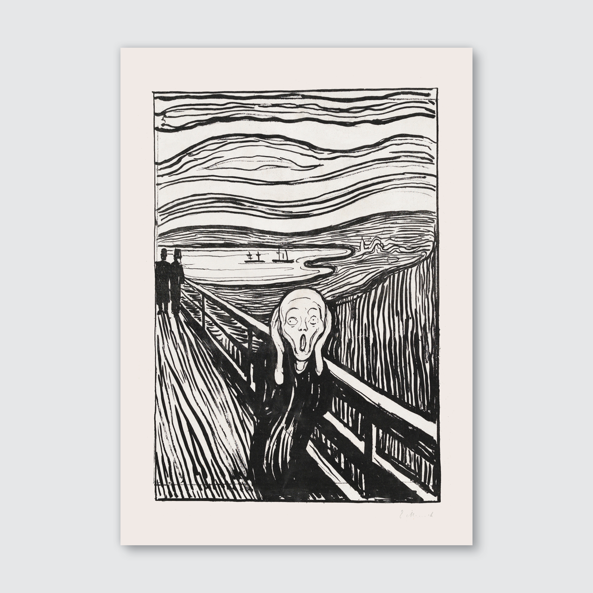 A black and white art print of Edvard Munch's The Scream (1895), featuring a figure on a bridge with contorted facial expression, against a monochromatic sky and fjord background.