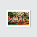 A vibrant art print featuring 'The Large Tree' by Paul Gauguin, depicting a tropical landscape with a prominent tree, mango and coconut trees, banana plants, and a local village in the background. Tahitian women are present in the foreground, adding a cultural touch to the scene.