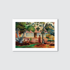 A vibrant art print featuring 'The Large Tree' by Paul Gauguin, depicting a tropical landscape with a prominent tree, mango and coconut trees, banana plants, and a local village in the background. Tahitian women are present in the foreground, adding a cultural touch to the scene.