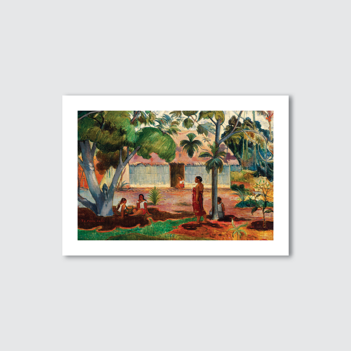A vibrant art print featuring 'The Large Tree' by Paul Gauguin, depicting a tropical landscape with a prominent tree, mango and coconut trees, banana plants, and a local village in the background. Tahitian women are present in the foreground, adding a cultural touch to the scene.
