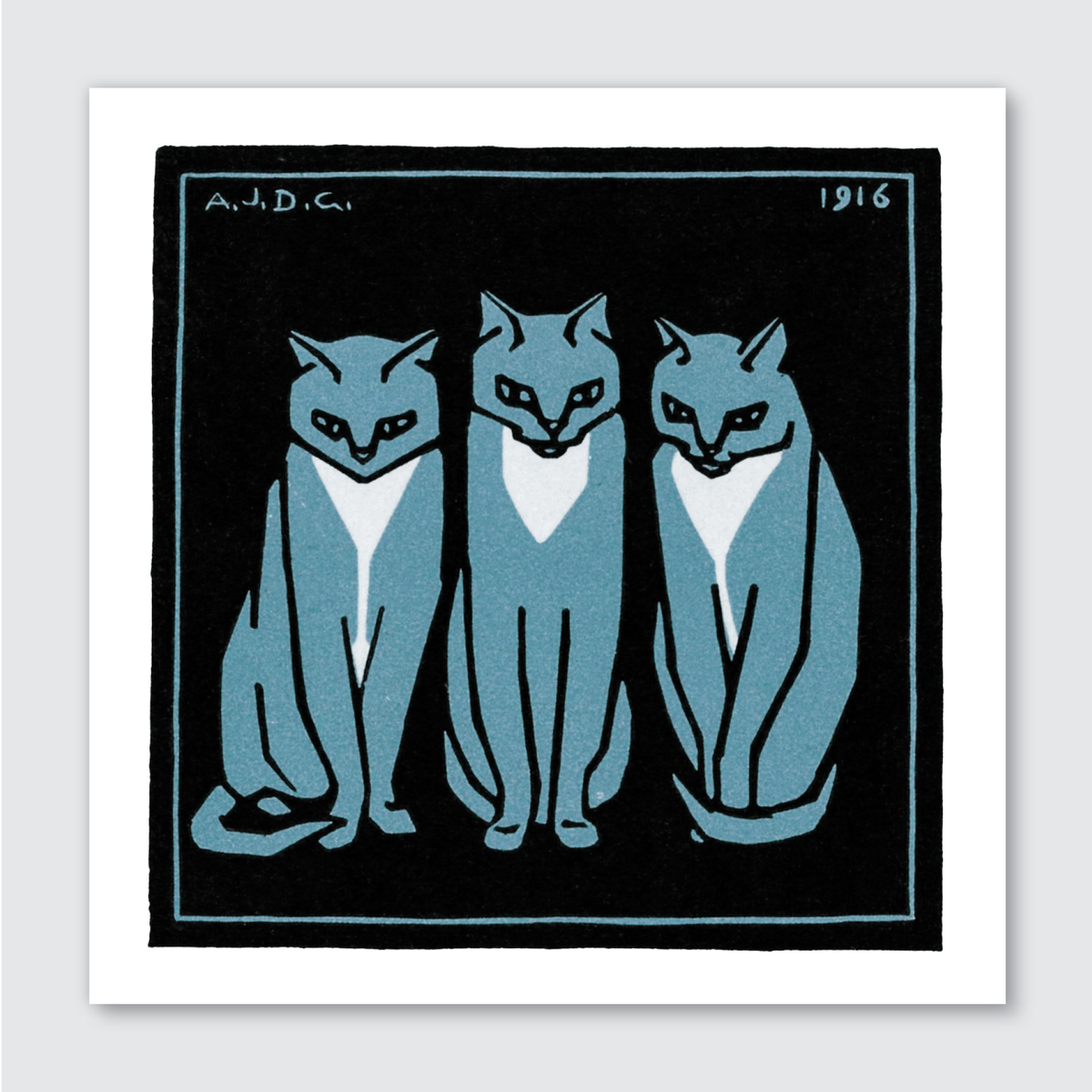 A woodcut print featuring three cats seated in a row with distinct expressions, rendered in blue on a black background.