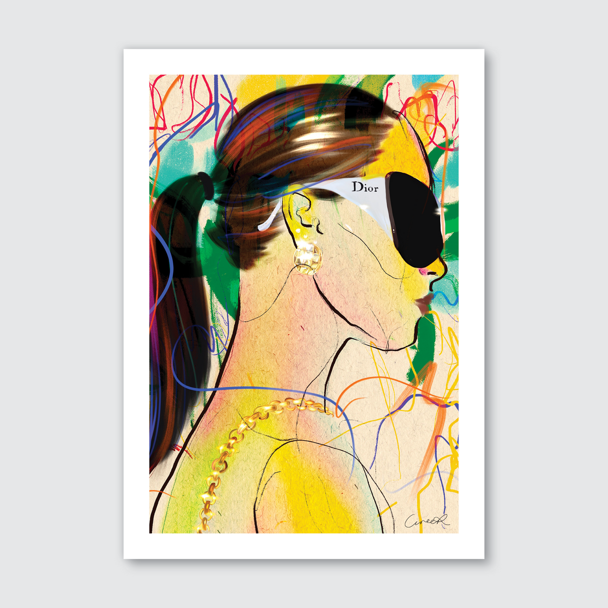 A digital artwork titled 'Throw Shade', depicting a stylized female figure with sunglasses and a colorful, abstract background.