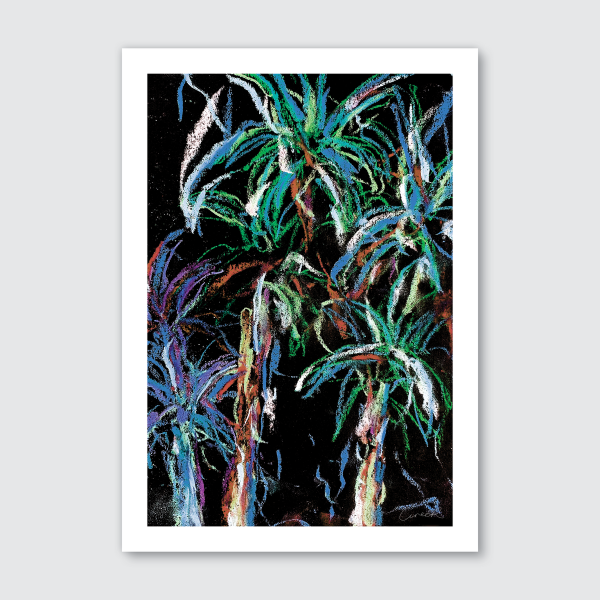 Hand-drawn artwork of Tā Kāuka trees, featuring soft pastel colors against a black background, creating a vibrant abstract art piece.