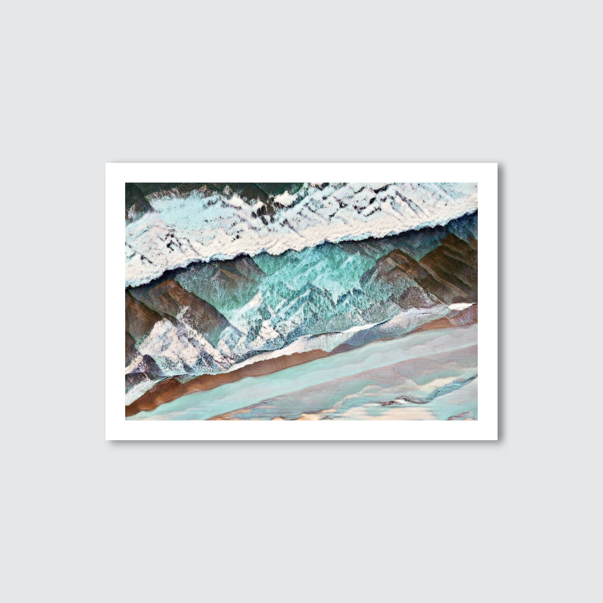 An abstract aerial drone view of a rugged coastal landscape with natural earthy tones and turquoise waters.