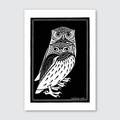 A black and white woodcut print of two owls perched