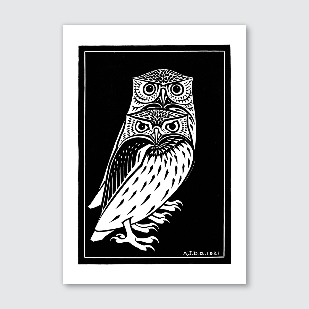 A black and white woodcut print of two owls perched