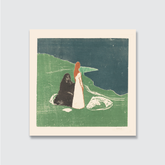 Art print with a stylized illustration of a figure in a white dress and a dark figure on a green and blue background.