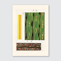 A vintage Ukiyo-e woodblock print featuring a rhythmic pattern of stripes in muted blues and earthy reds, with subtle accents.