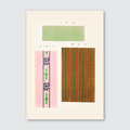 A vintage Ukiyo-e woodblock print featuring a rhythmic pattern of stripes in muted blues and earthy reds, with accents of green and white, on a natural white background.