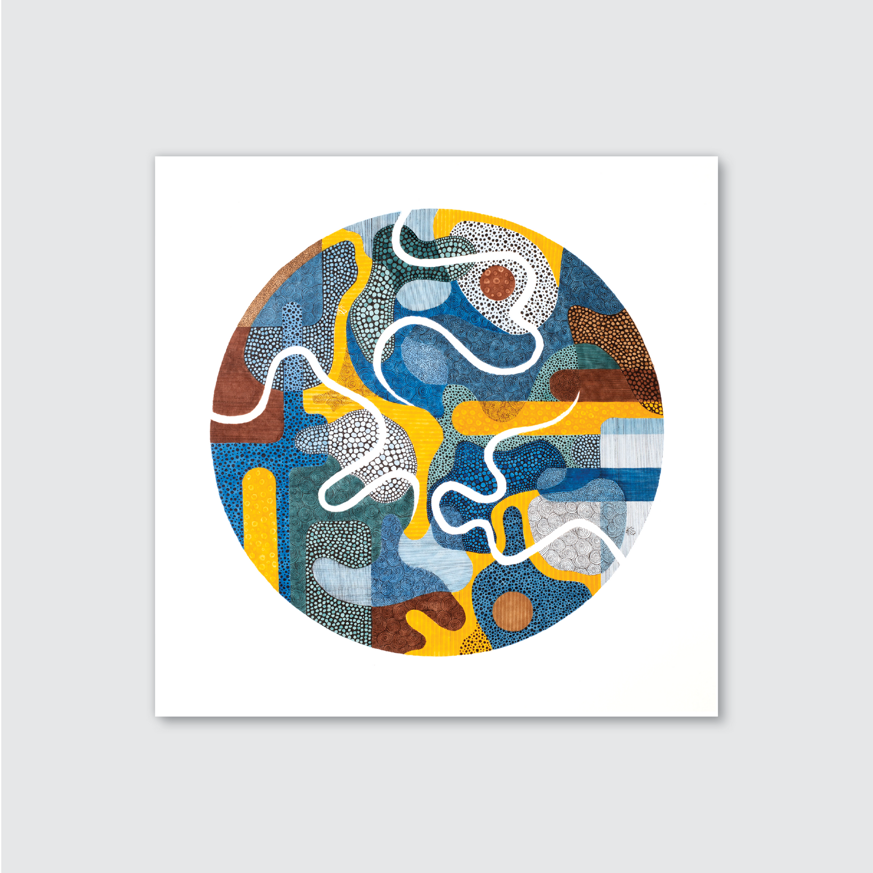 A colourful abstract art print featuring various geometric shapes and patterns in a circular format.