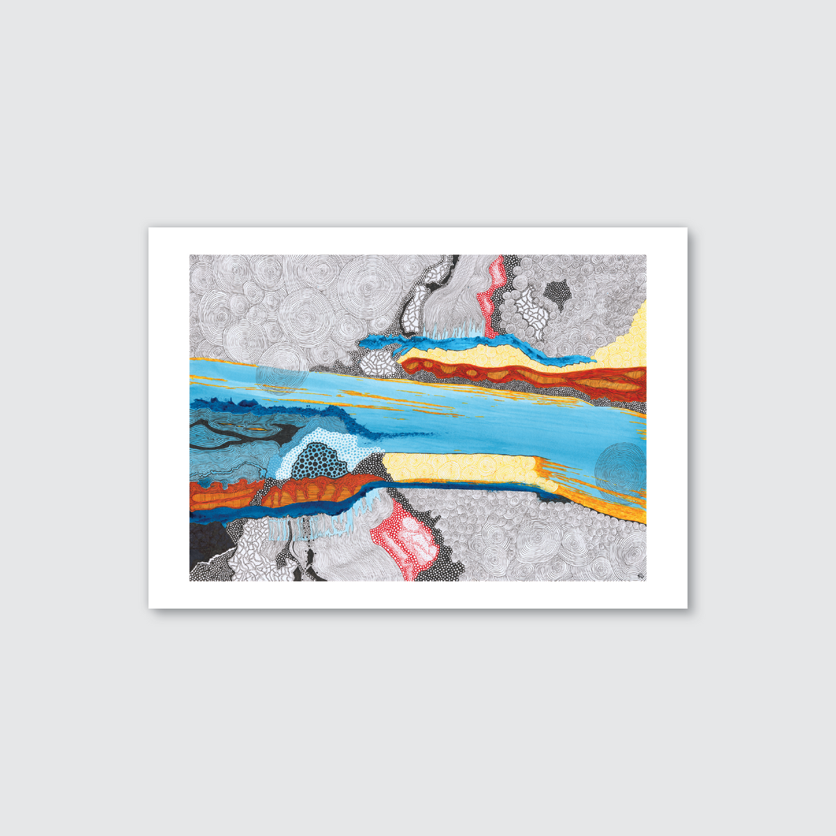 Abstract landscape-inspired artwork with swirling grey circular patterns, a central flowing blue river band, layered orange, yellow, and red horizons, dotted textures, and black accents creating depth and movement.