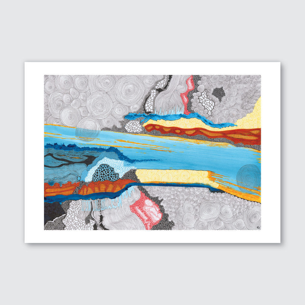 Abstract landscape-inspired artwork with swirling grey circular patterns, a central flowing blue river band, layered orange, yellow, and red horizons, dotted textures, and black accents creating depth and movement.