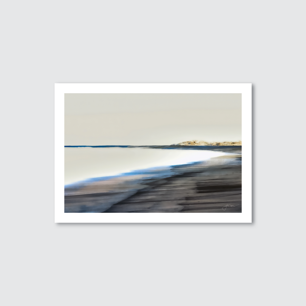 A photograph of a beach scene with calm waters, reflecting sky, and dunes in the distance, giving an ethereal and tranquil quality.