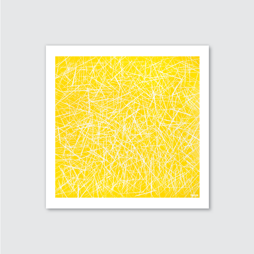 A framed artwork featuring a yellow background with white, spaghetti-like zigzag lines.

