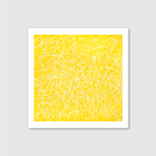 A framed artwork featuring a yellow background with white, spaghetti-like zigzag lines.

