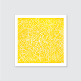 A framed artwork featuring a yellow background with white, spaghetti-like zigzag lines.


