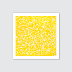 A framed artwork featuring a yellow background with white, spaghetti-like zigzag lines.

